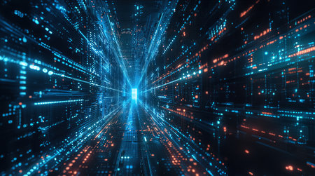A captivating digital tunnel, glowing with blue and red lights, symbolizing high-speed data transferの素材