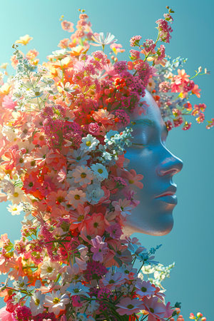 A profile of a human head flourishing with a vibrant array of flowers, symbolizing a blooming mindの素材