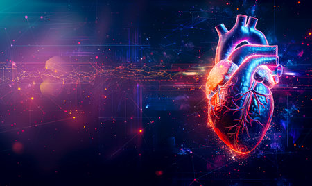 A digital representation of a human heart in a network of glowing connections, symbolizing medical innovationの素材