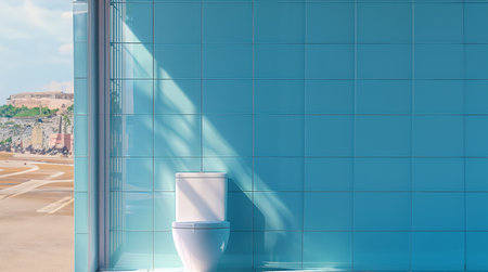 A minimalist bathroom design highlighted by the clean lines of a ceramic toilet in sunlight.の素材