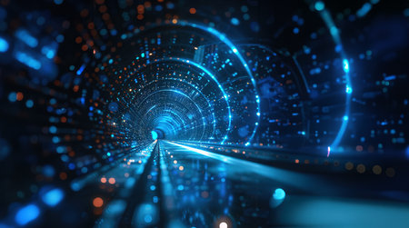 A captivating digital tunnel, glowing with blue and red lights, symbolizing high-speed data transferの素材