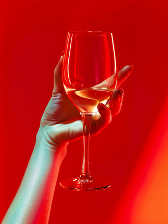 A sophisticated image featuring a red-gloved hand elegantly holding a wine glass, set against a vivid red backdropの素材