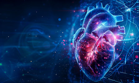 A digital representation of a human heart in a network of glowing connections, symbolizing medical innovationの素材
