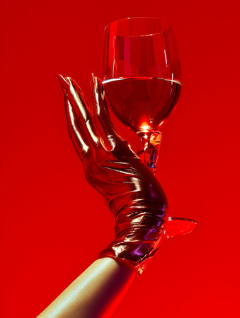 A sophisticated image featuring a red-gloved hand elegantly holding a wine glass, set against a vivid red backdropの素材