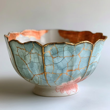 AI-crafted image of a Kintsugi repaired ceramic bowl, a metaphor for resilienceの素材