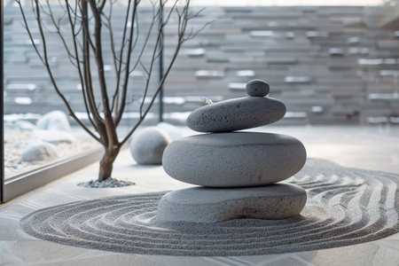 Minimalist Zen Garden with Bonsai and Pebble, created with Generative AI technologyの素材