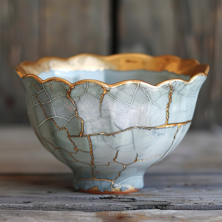 AI-crafted image of a Kintsugi repaired ceramic bowl, a metaphor for resilienceの素材