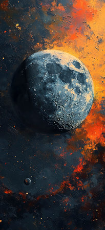 Cosmic Dichotomy: The Moon's Silent Dance with Fiery Nebula created with Generative AI technologyの素材