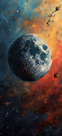 Cosmic Dichotomy: The Moon's Silent Dance with Fiery Nebula created with Generative AI technologyの素材