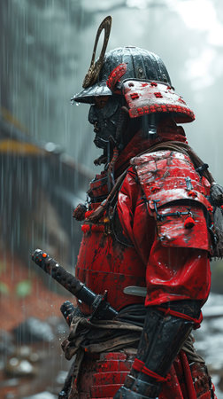 Warrior's Gaze: A Moment of Calm in the Storm created with Generative AI technologyの素材