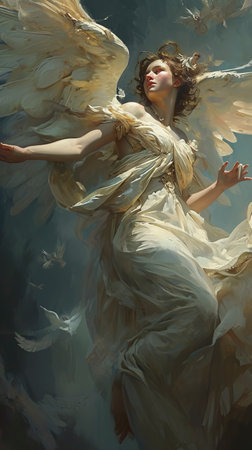 Heavenly Ascent: Graceful Angel Guided by Cherub created with Generative AI technologyの素材