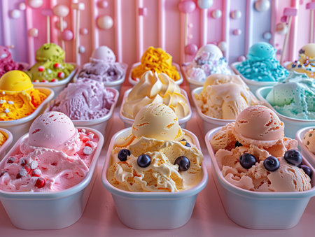Assorted Ice Cream Flavors Display Created with Generative AI Technologyの素材