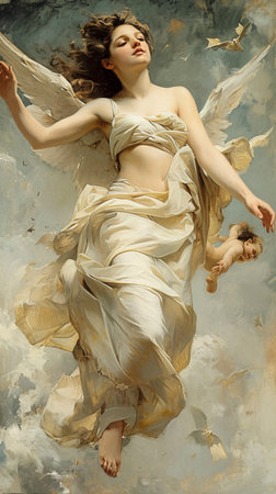 Heavenly Ascent: Graceful Angel Guided by Cherub created with Generative AI technologyの素材