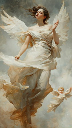 Heavenly Ascent: Graceful Angel Guided by Cherub created with Generative AI technologyの素材