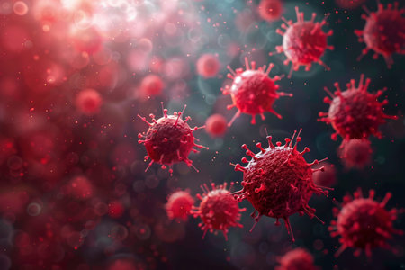 Red Virus Balls in the Background: Created with Generative AI Technologyの素材