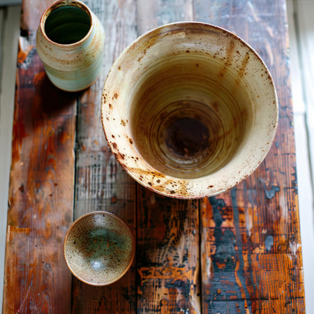 Thrown Wheel Pottery with Red Clay: A Small Vase Overhead created with Generative AI Technologyの素材