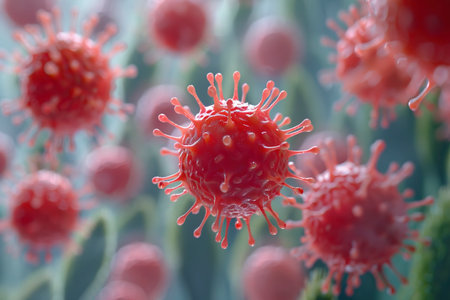 Red Virus Balls in the Background: Created with Generative AI Technologyの素材
