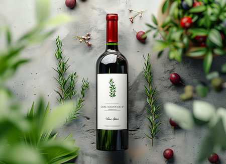 Charming Storytelling Wine Bottle Stand Mockup with Stylish Typography and Note Paper - Perfect for Print Ads! created with Generative AI technologyの素材
