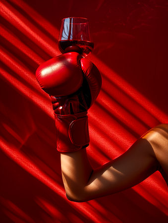 Fine Detail: Elegant Female Arm Holding Wine Glass in Boxing Glove, Red Background created with Generative AI technologyの素材
