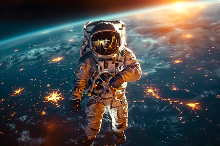 Into the Unknown: Captivating Spacewalk with Earth's Beauty in the Background created with Generative AI technologyの素材