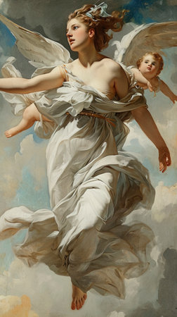 Heavenly Ascent: Graceful Angel Guided by Cherub created with Generative AI technologyの素材