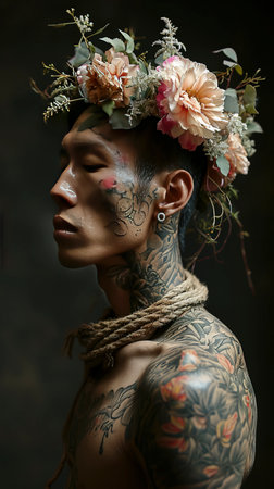 Inked Elegance: A Portrait of Poetic Tattoos and Blooms created with Generative AI technologyの素材