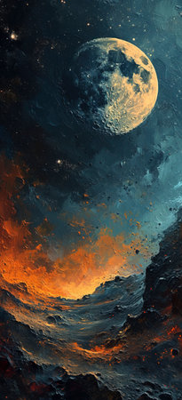 Cosmic Dichotomy: The Moon's Silent Dance with Fiery Nebula created with Generative AI technologyの素材