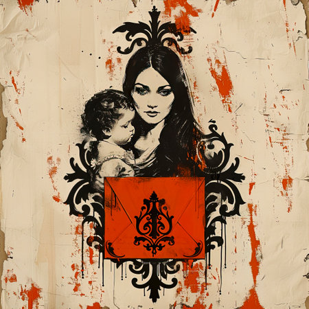 A mesmerizing fusion of gothic and graffiti, featuring a tattooed woman in a vibrant red cocoon - a monochromatic masterpiece. created with Generative AI technologyの素材