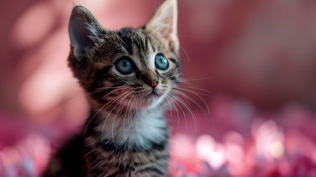 Cherry Blossom Whiskers: Kitten's Springtime Curiosity created with Generative AI technologyの素材
