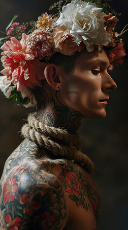 Inked Elegance: A Portrait of Poetic Tattoos and Blooms created with Generative AI technologyの素材