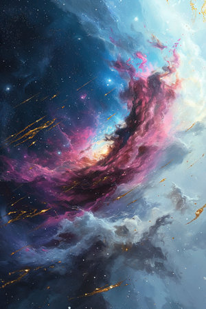Cosmic Dichotomy: The Moon's Silent Dance with Fiery Nebula created with Generative AI technologyの素材