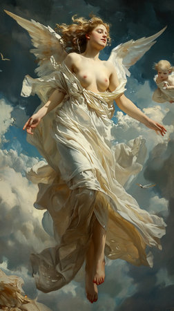Heavenly Ascent: Graceful Angel Guided by Cherub created with Generative AI technologyの素材