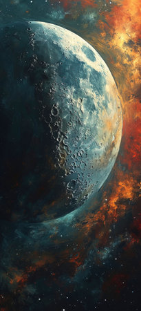 Cosmic Dichotomy: The Moon's Silent Dance with Fiery Nebula created with Generative AI technologyの素材