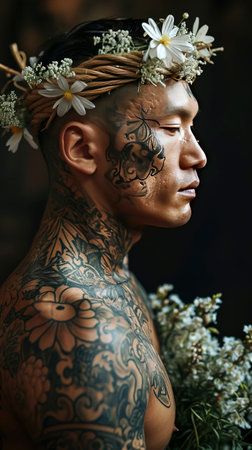 Inked Elegance: A Portrait of Poetic Tattoos and Blooms created with Generative AI technologyの素材