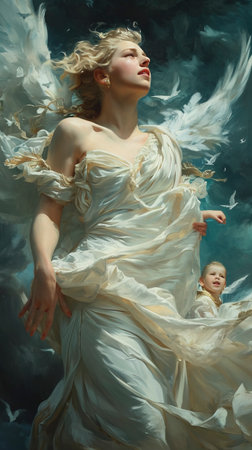 Heavenly Ascent: Graceful Angel Guided by Cherub created with Generative AI technologyの素材