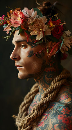 Inked Elegance: A Portrait of Poetic Tattoos and Blooms created with Generative AI technologyの素材