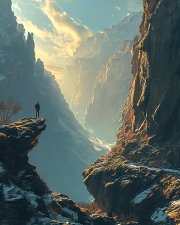 Majestic Canyon Solitude: Explorer Contemplates the Abyss created with Generative AI technologyの素材