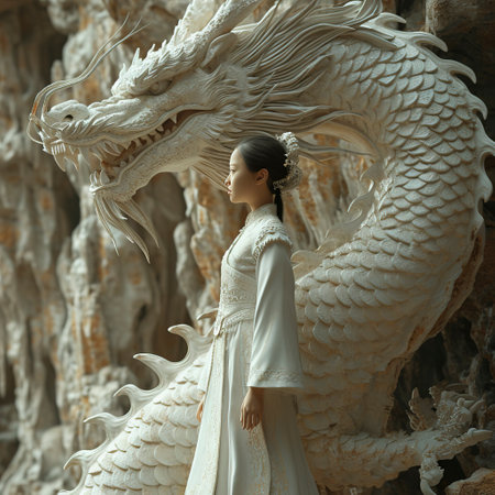 Sovereign of Scales: Dragon's Companion in the Mist created with Generative AI technologyの素材