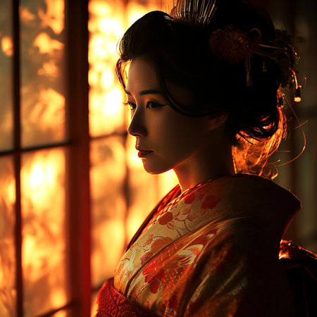 Elegance at Dusk: Geisha Contemplation in Golden Hour created with Generative AI technologyの素材