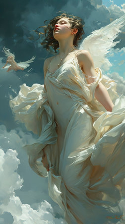 Heavenly Ascent: Graceful Angel Guided by Cherub created with Generative AI technologyの素材