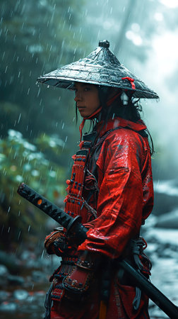 Warrior's Gaze: A Moment of Calm in the Storm created with Generative AI technologyの素材