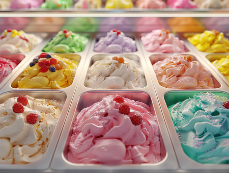 Assorted Ice Cream Flavors Display Created with Generative AI Technologyの素材