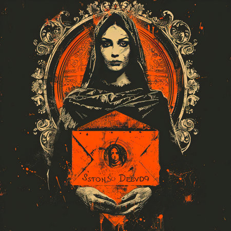 Immerse yourself in the mesmerizing fusion of gothic and urban art, starring a fierce crimson-inked woman in a grayscale wonderland. created with Generative AI technologyの素材