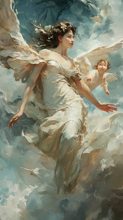 Heavenly Ascent: Graceful Angel Guided by Cherub created with Generative AI technologyの素材