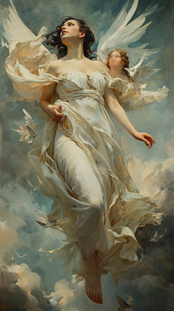 Heavenly Ascent: Graceful Angel Guided by Cherub created with Generative AI technologyの素材