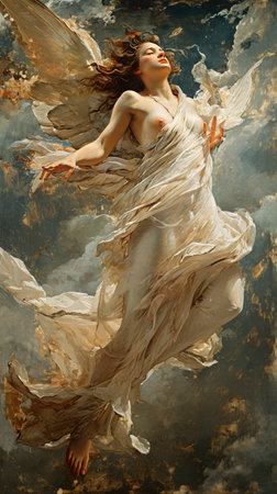 Heavenly Ascent: Graceful Angel Guided by Cherub created with Generative AI technologyの素材