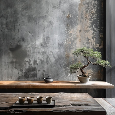 A Minimal Rough Wabi Sabi Style Room Created with Generative AI Technologyの素材