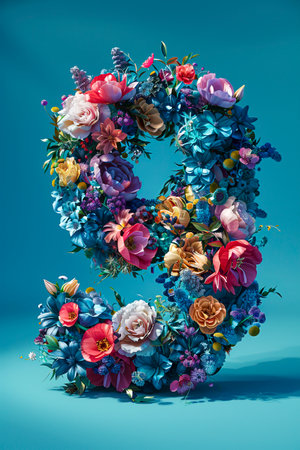 Floral Cosmos: A 3D Vision of Number 9 in a Minimalist Futuristic World on Blue-Green Background with Volumetric Light and Photorealistic Details created with Generative AI technologyの素材