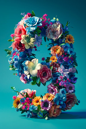 Cosmic Floral 9: A Futuristic Fusion of Nature and Technology on Blue-Green Background created with Generative AI technologyの素材