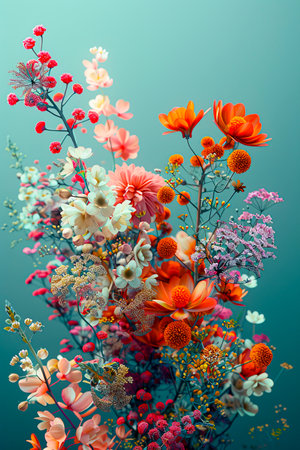 Cosmic Floral Symphony: A Futuristic 3D Exploration in Minimalism and Photorealism on a Blue-Green Canvas with Volumetric Light, 8K Resolution. created with Generative AI technologyの素材
